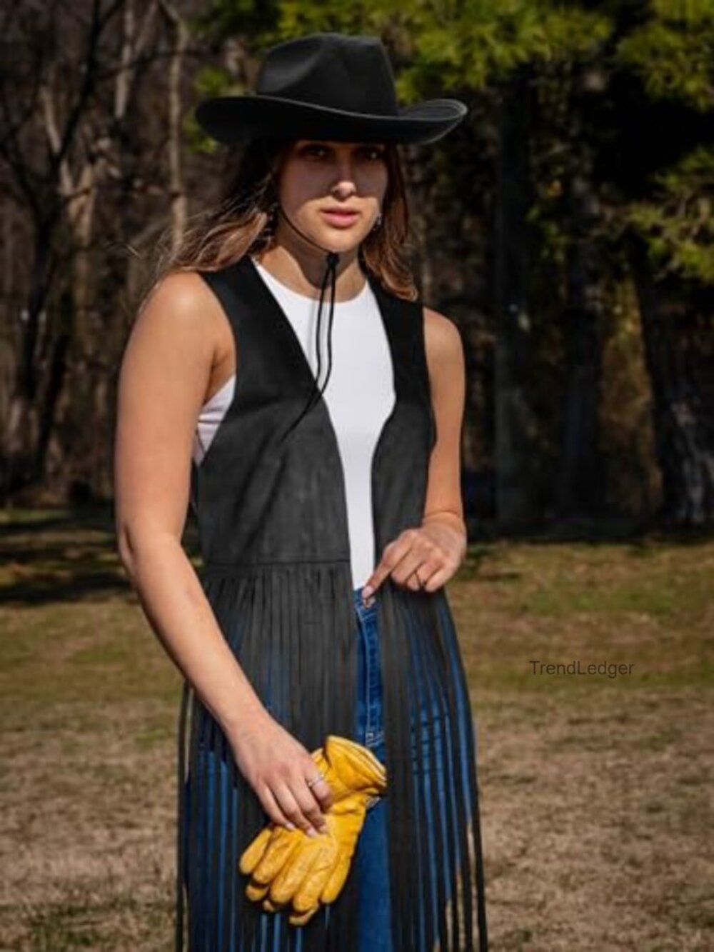Faux Suede Fringe Vest with Cowgirl Hat - Western Hippie Costume Set - Picture 5 of 7
